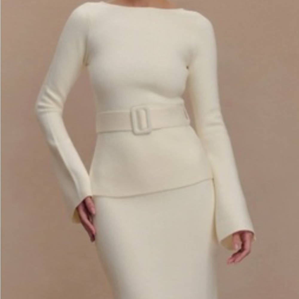 Meshki Justine Cream Belted Knit Top